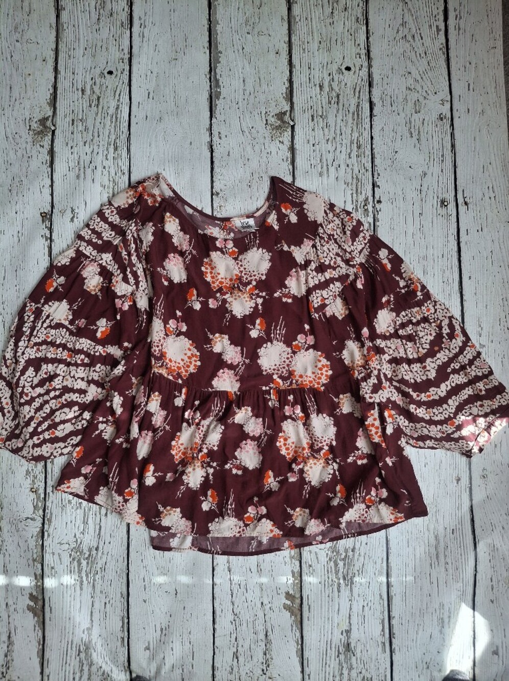 Ivy Jane Maroon Floral Gathered Waist Blouse with Balloon Sleeves